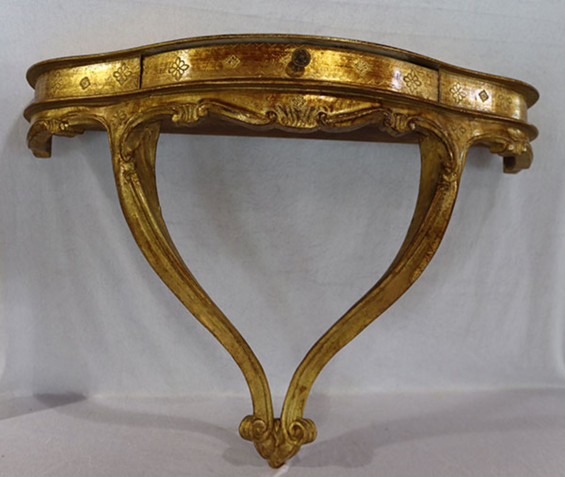 Wandtisch im venezianischem Stil, Korpus mit einer Schublade, goldfarben, H 60 cm, B 80 cm, T 30 cm,