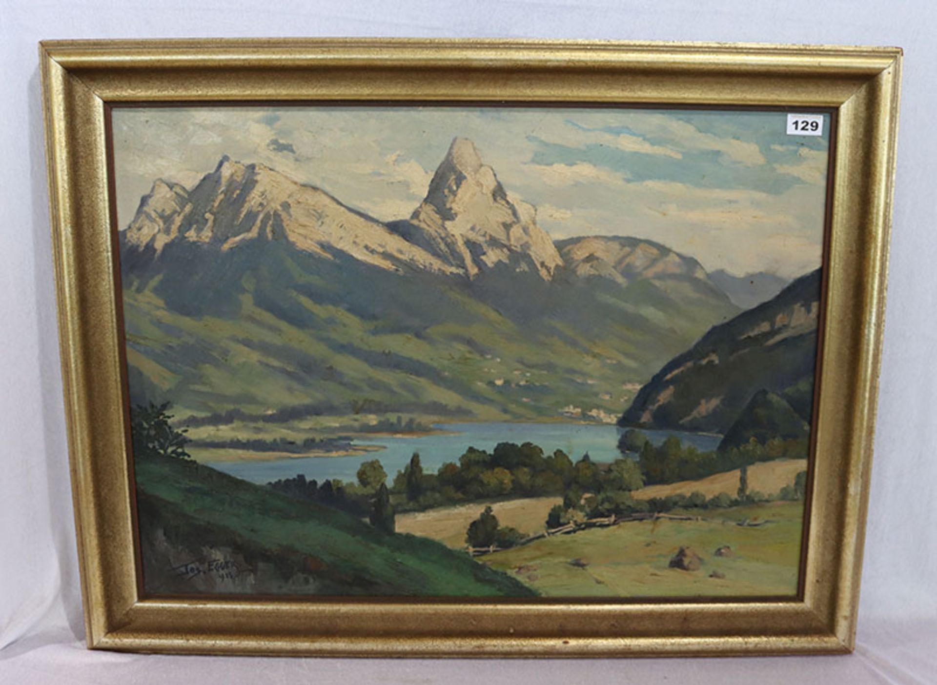 Gemälde ÖL/LW 'Hochgebirgslandschaft mit See', signiert Jos. Egger, 1935, Joseph Egger, * 1897 +