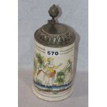 Fayence Bierkrug mit figürlichen Darstellungen, Zinndeckel, um 1800, bestossen und Risse, H 25 cm,