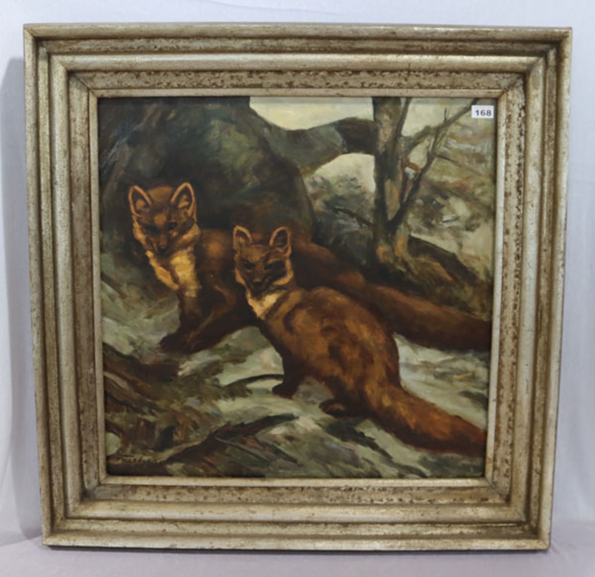 Gemälde ÖL/Hartfaser 'Füchse im Winterwald', signiert Furtner ? 1971, gerahmt, Rahmen beschädigt,