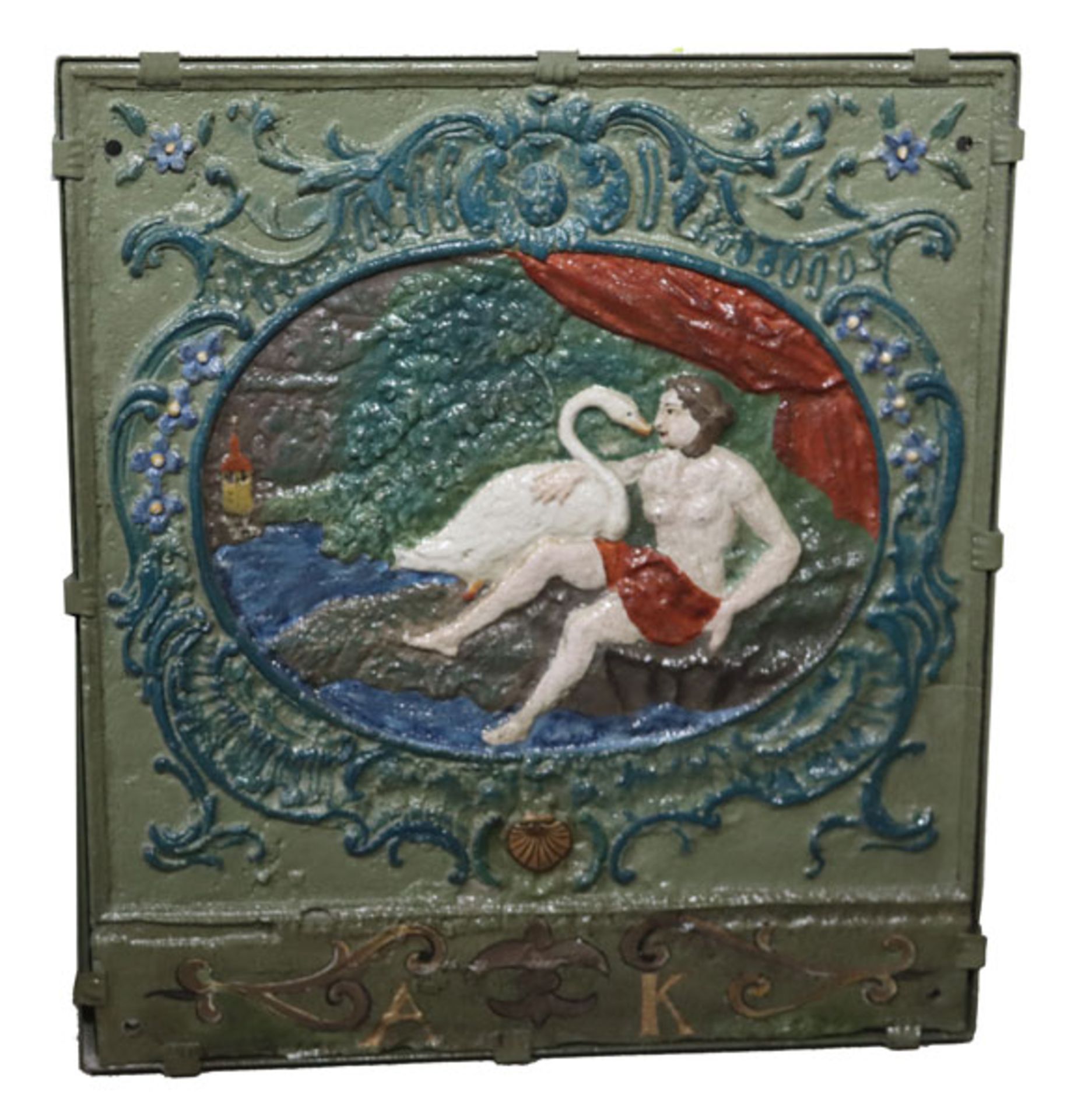 Ofenplatte mit Reliefdekor 'Leda mit Schwan', farbig bemalt, 83 cm x 73 cm, kein Versand, Abholung