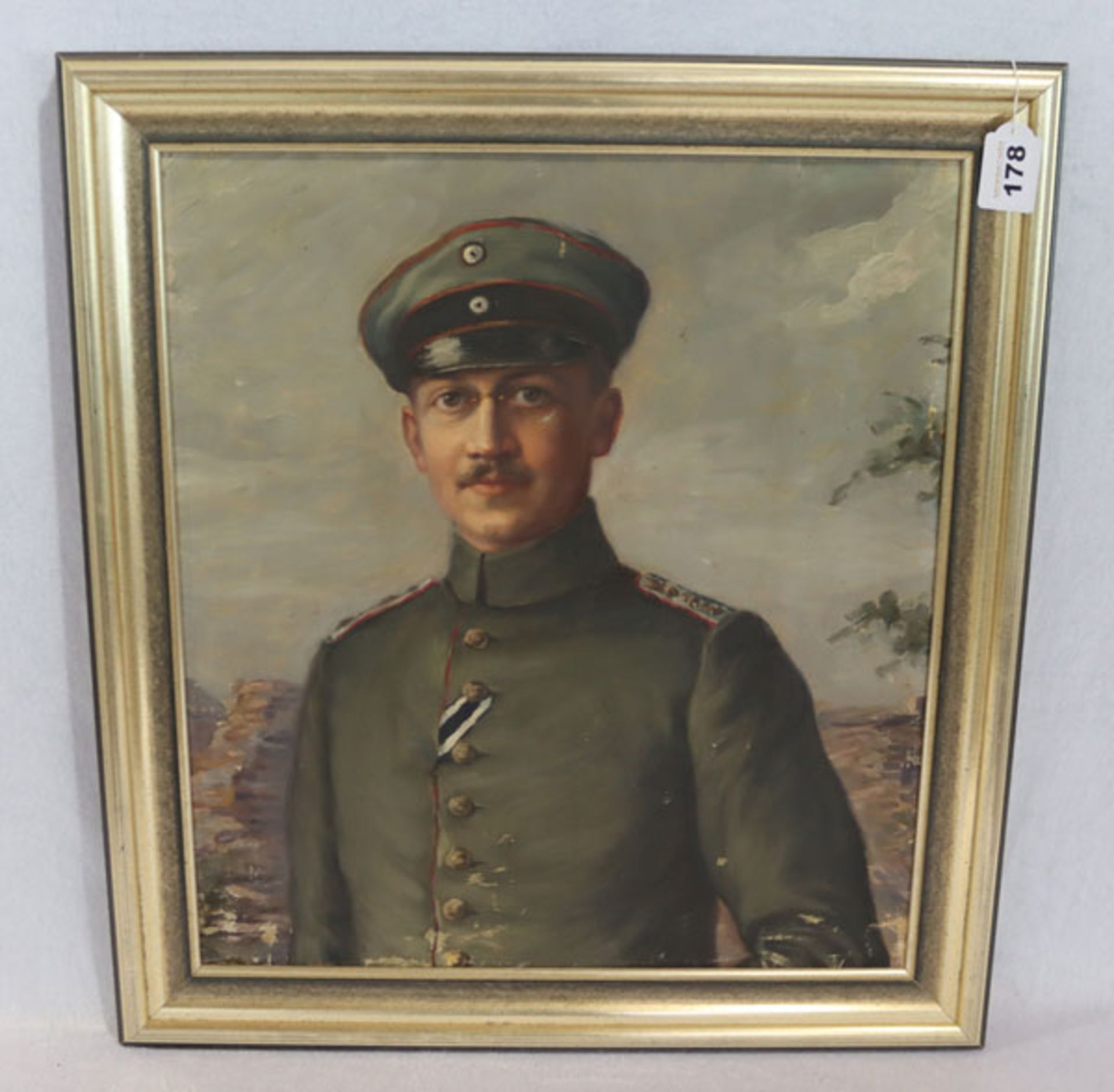 Gemälde ÖL/LW 'Offizier aus dem 1. Weltkrieg', LW wurde mehrmals gefaltet und gerahmt, Rahmen