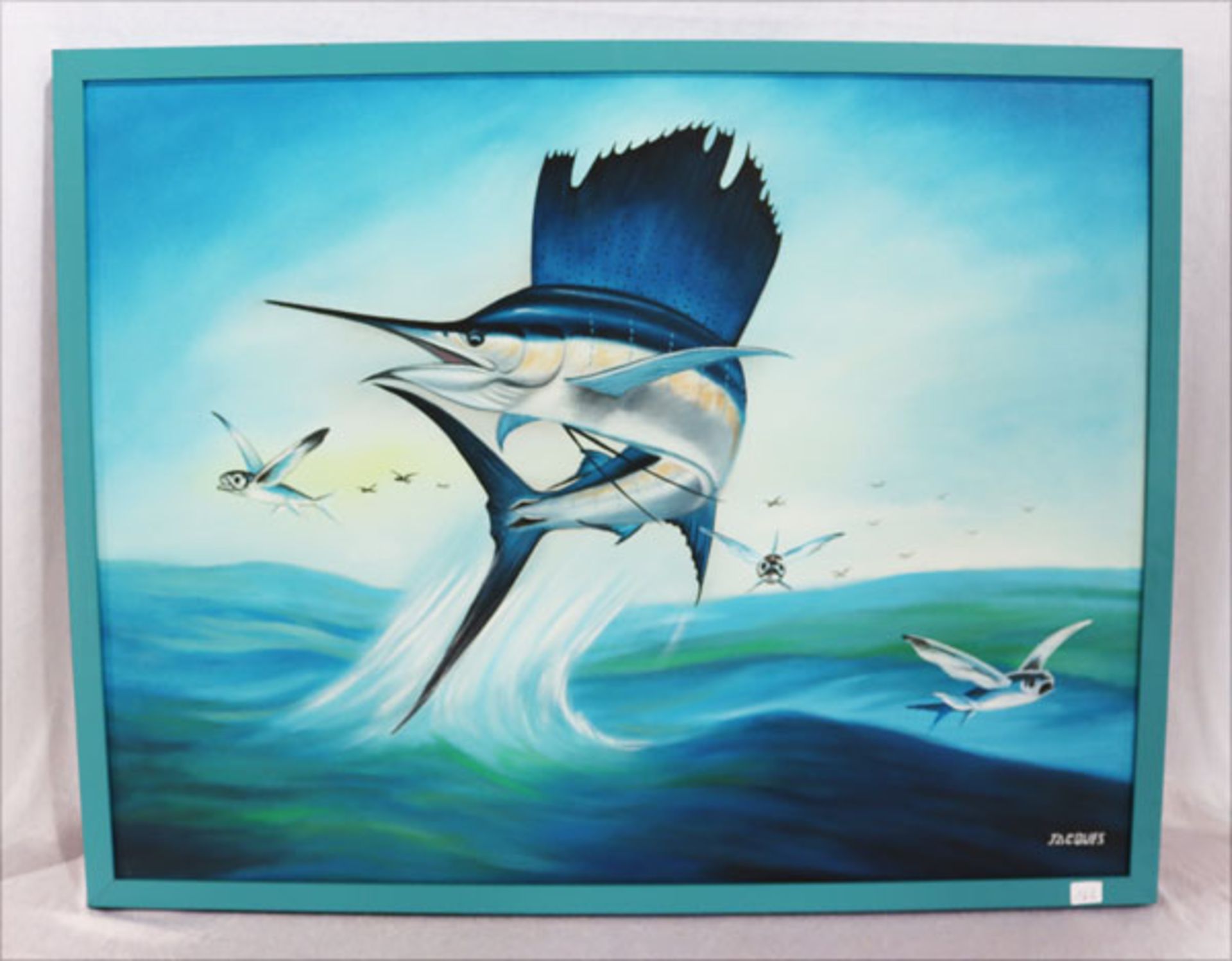 Gemälde ÖL/LW 'Schwertfisch', signiert Jacques, gerahmt, incl. Rahmen 71,5 cm x 91 xm