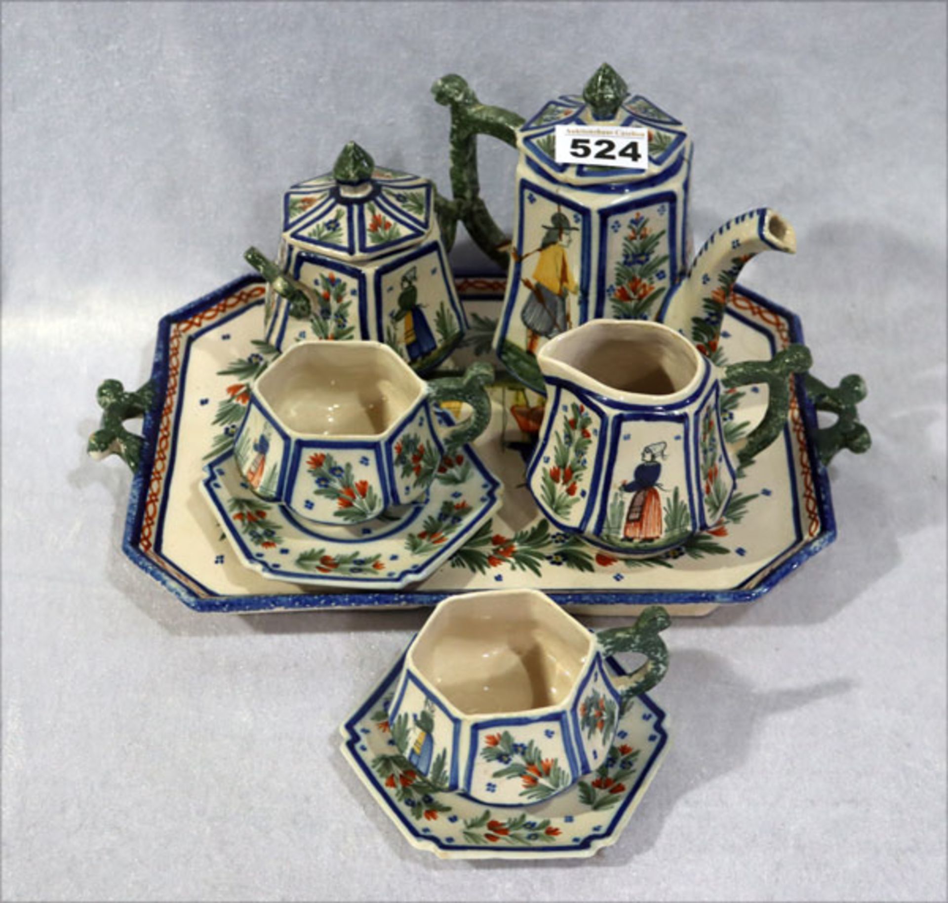 Französische Keramik HR Quimper, 19. Jahrhundert, Kanne, Milch und Zucker, 2 Tassen mit Untertassen,