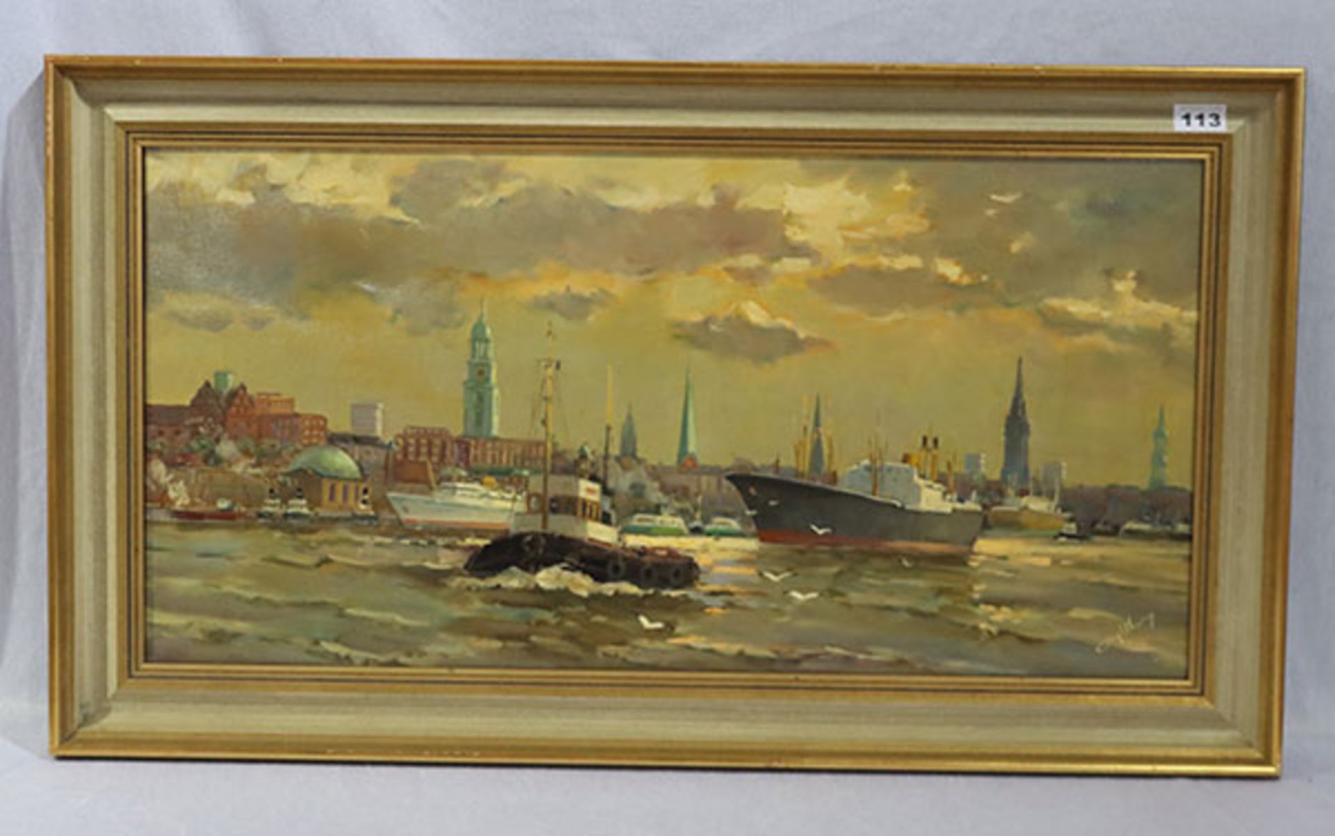 Gemälde ÖL/LW 'Hamburger Hafen-Szenerie', undeutlich signiert, gerahmt, Rahmen bestossen, incl.