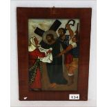 Hinterglasbild 'Jesus trifft seine Mutter Maria, während er sein Kreuz trägt', gerahmt, Rahmen