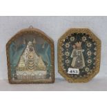 2 Klosterarbeiten mit Marien-Darstellungen, fein verziert und unter Glas gerahmt, 21 cm x 15 cm