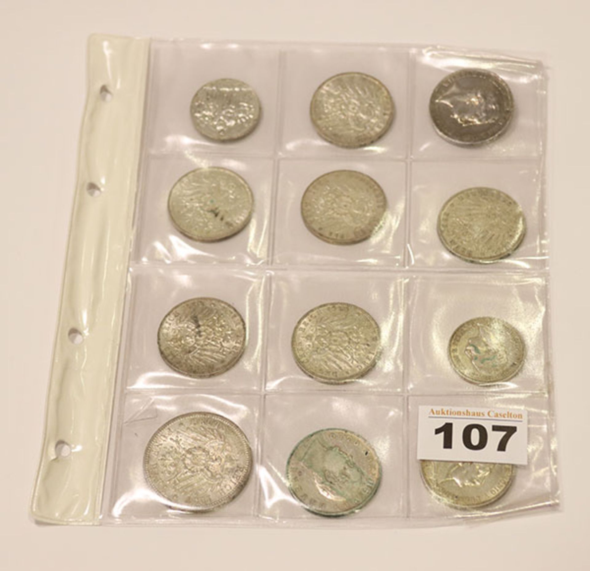 12 Kaiserreich Silbermünzen, 2 x 2, 9 x 3 und 1 x 5 Mark, 173 gr. Feinsilber