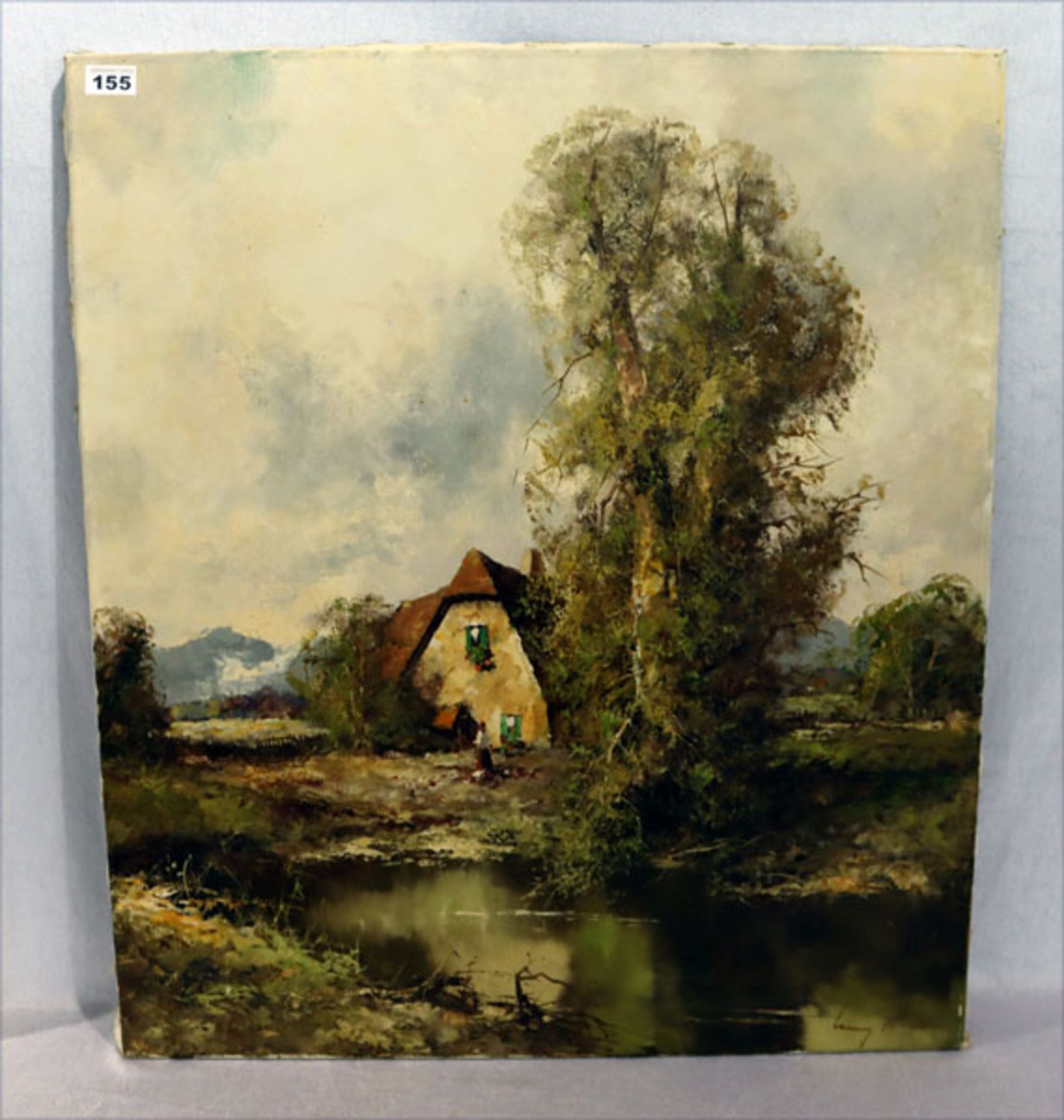 Gemälde ÖL/LW 'Landschafts-Szenerie mit Haus', undeutlich signiert, ohne Rahmen 81 cm x 70 cm