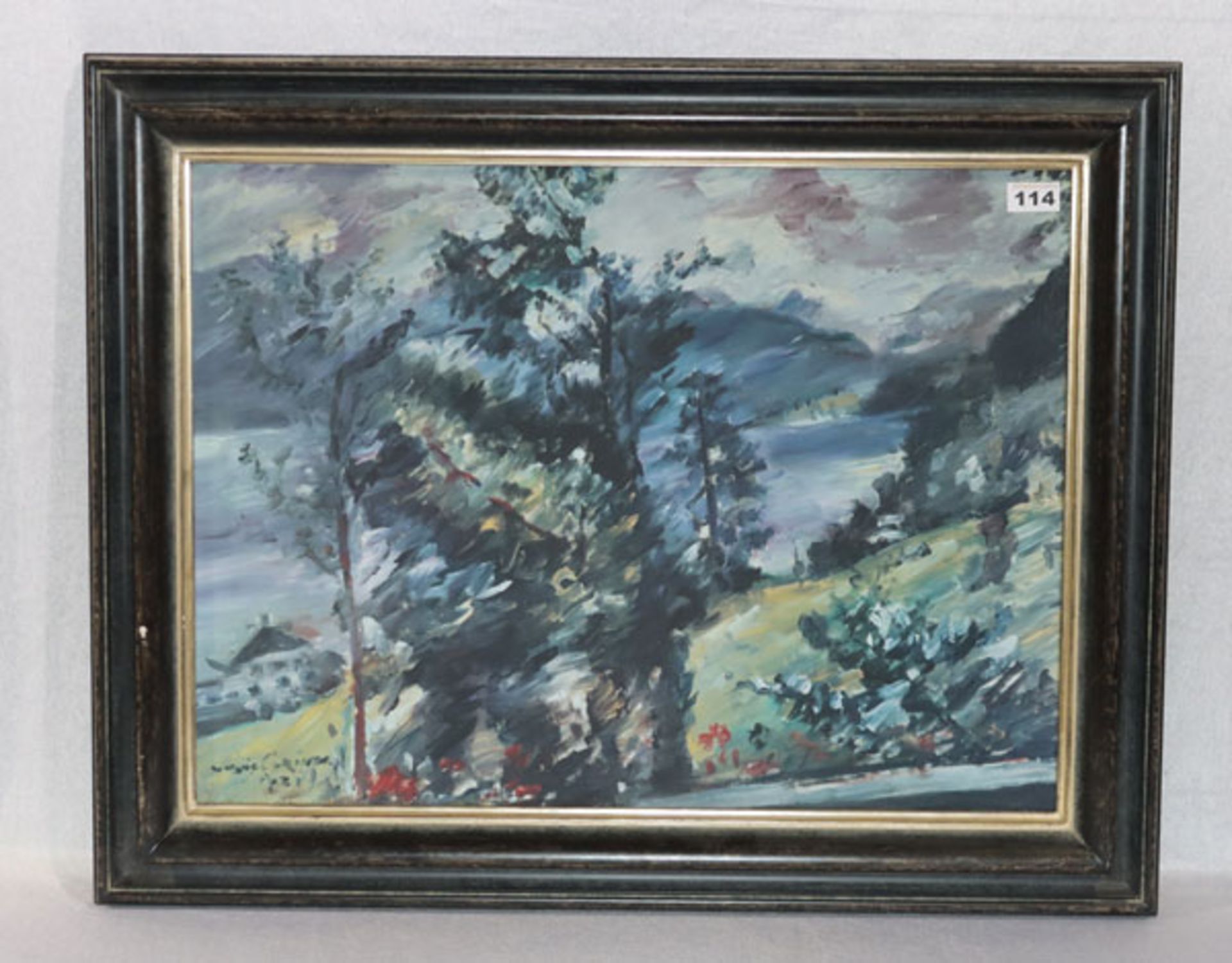 Druck 'Walchensee mit Lärche', nach Lovis Corinth, gerahmt, Rahmen beschädigt, incl. Rahmen 65 cm