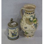 Fayence Bierkrug mit Blumendekor, Zinn-Deckel und Fußmontierung, H 18 cm, bestossen, kleiner Sprung,