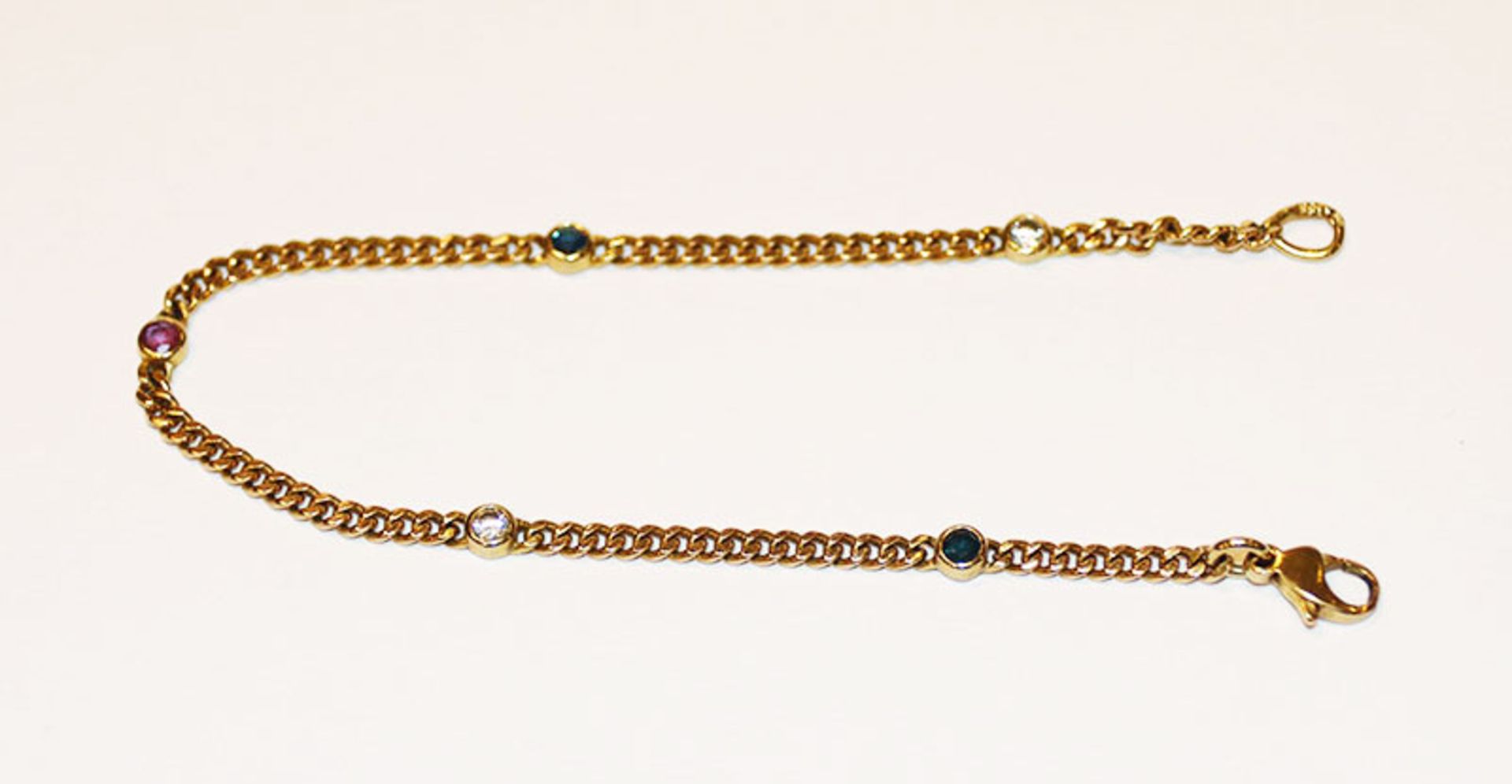 8 k Gelbgold Armband mit 2 kleinen Diamanten, 2 Safiren und 1 Rubin, 4,4gr., L 18 cm