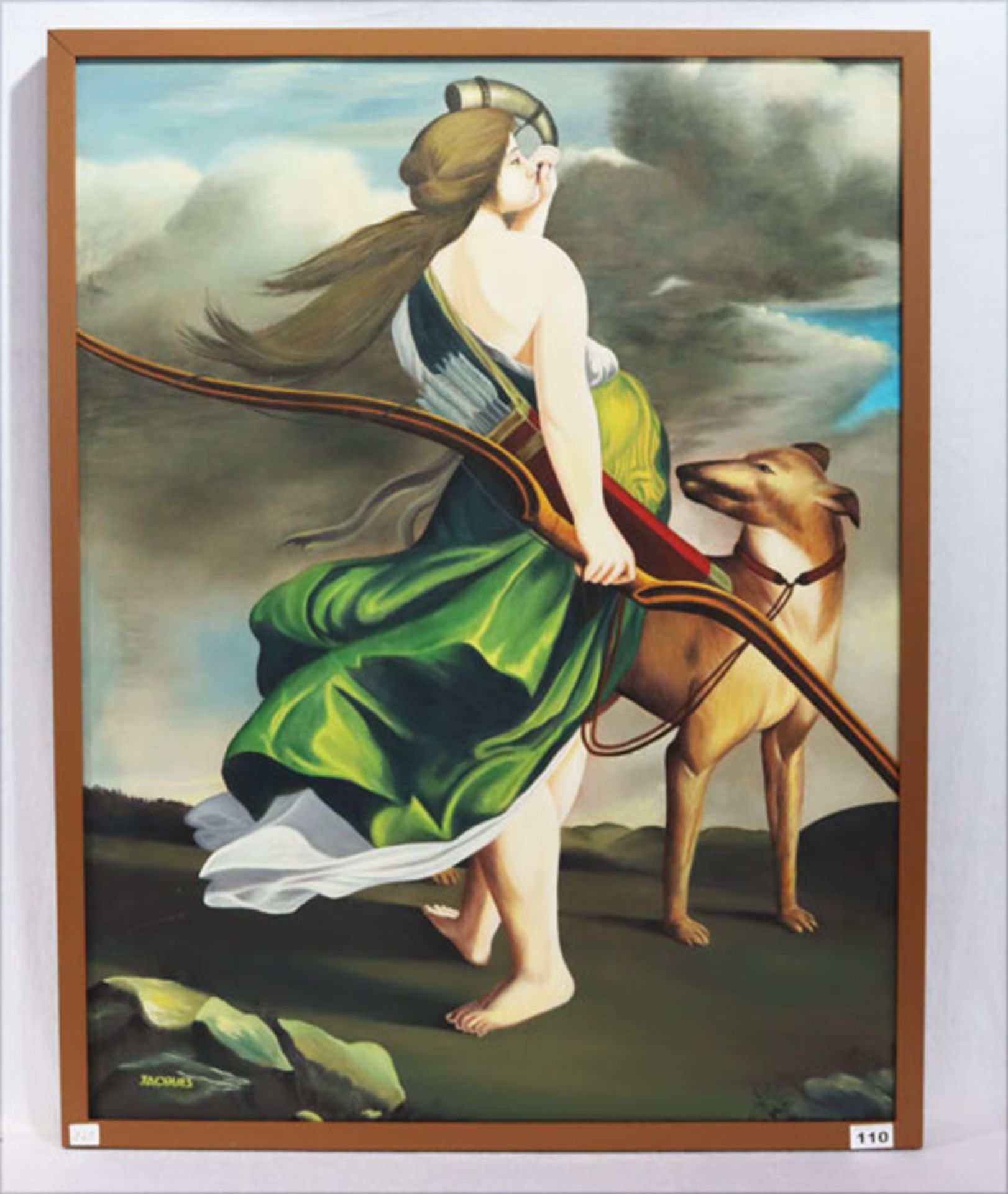 Gemälde ÖL/LW 'Diana mit Hund', signiert Jacques, gerahmt, incl. Rahmen 99 cm x 78 cm