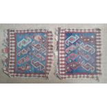 A small pair of Oriental kelim weave panels, geometrical designs in blue & red on white, probably