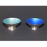 A small pair of Danish enamelled Sterling silver dishes, one having pale blue interior, the other