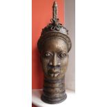 A large African bronze bust, with collared neck & headpiece, 21" high.