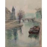 Georges Rouault (1871-1958) - watercolour - River scene with two barges before a bridge, signed ,