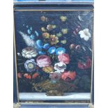 19thC School - oil on canvas - Still life study of flowers on a marble ledge, 25" x 19.5".