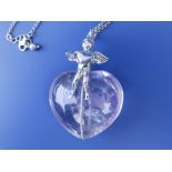 A large modern heart-shaped Brazilian amethyst pendant necklace surmounted by a 925 silver cherub.