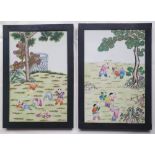 A pair of large Chinese porcelain famille rose framed rectangular plaques, decorated boys at play in