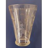 An engraved 19thC glass beaker vase - 'A Bird in the Hand is Worth Two in the Bush', depicting an