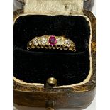 A late Victorian certified natural Burmese ruby & diamond five stone 18ct gold ring, having a