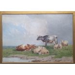 T. F. Wainewright - watercolour - Cows with sheep, dated 1873, 6.75" x 9.5".