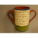 An Edwardian Aller Vale Pottery Rugby presentation loving cup by F. A. Sharp - 'Kingsteignton RFC