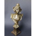 A French art nouveau bronze bust of a young woman on square pedestal, 8" high overall.