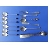 A set of six bean-handled silver coffee spoons, a pair of tongs and five other items. (12)