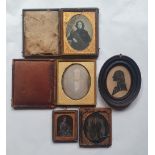 Four early photographs and a silhouette, including a daguerrotype male portrait, 5" x 4.25" and an