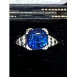 An art deco certified natural 3.31 carat Burmese sapphire & diamond set platinum ring, the four-claw