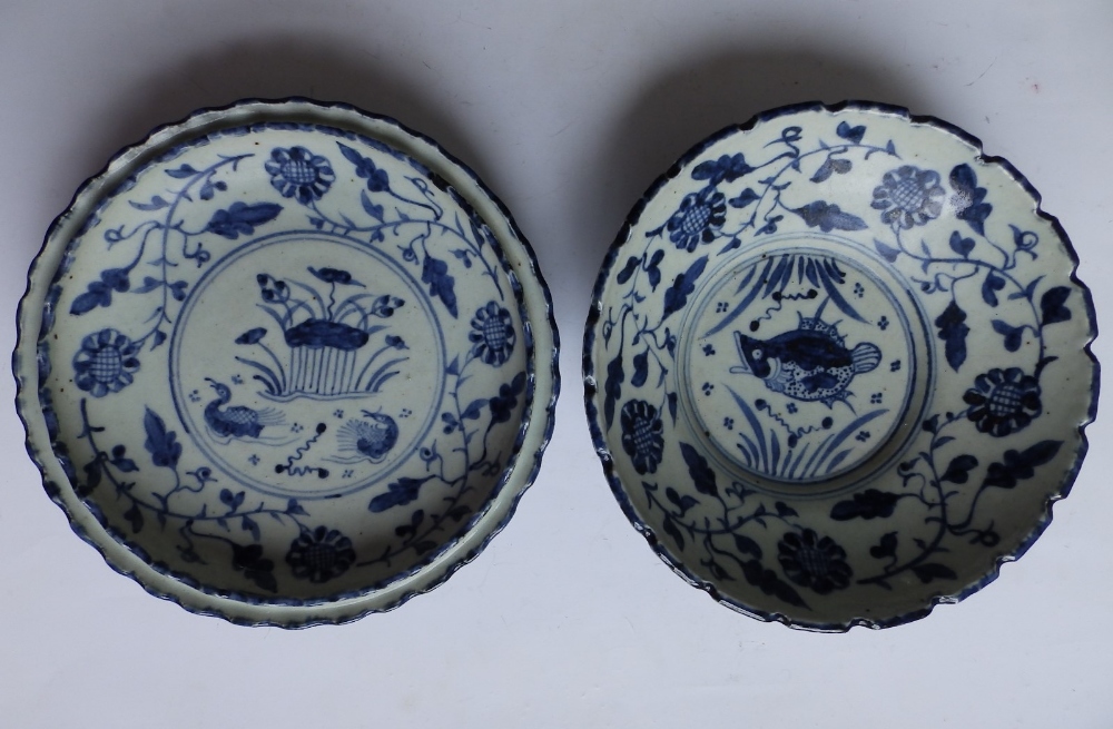 Two Chinese blue & white porcelain dishes decorated with fish and birds in the antique style,