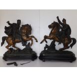 A pair of Victorian parcel-gilt spelter equestrian figures - Richard I & Edward IV, on wooden
