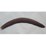 An antique Aboriginal boomerang, carved to one side with linear designs, 16.75".