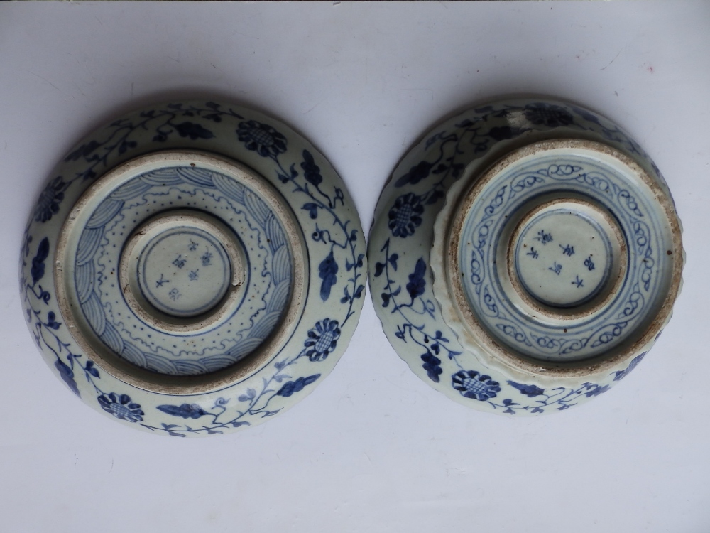 Two Chinese blue & white porcelain dishes decorated with fish and birds in the antique style, - Image 4 of 8