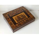 A Victorian Tunbridge Ware low writing slope, inlaid with a castle view within a border of flowers,