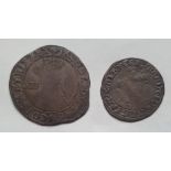 Two hammered silver coins - shilling of King James & groat of Queen Mary.