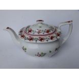 A New Hall porcelain teapot of London shape, painted puce & pink flowers in pattern 874, 10"