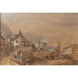 J. S. Prout - watercolour - A busy coastal village scene, inscribed verso, 13" x 18.5" - a/f