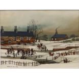 Brian Shields, Braaq (1951-1997) - oil on panel - 'I'm Off' , children at play on a frozen pond,