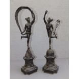 A pair of 19thC bronze figures after Giambologna - Mercury & Fortuna, on bronze capped black slate