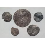 Five medieval hammared silver coins including a groat o fHenry VI.