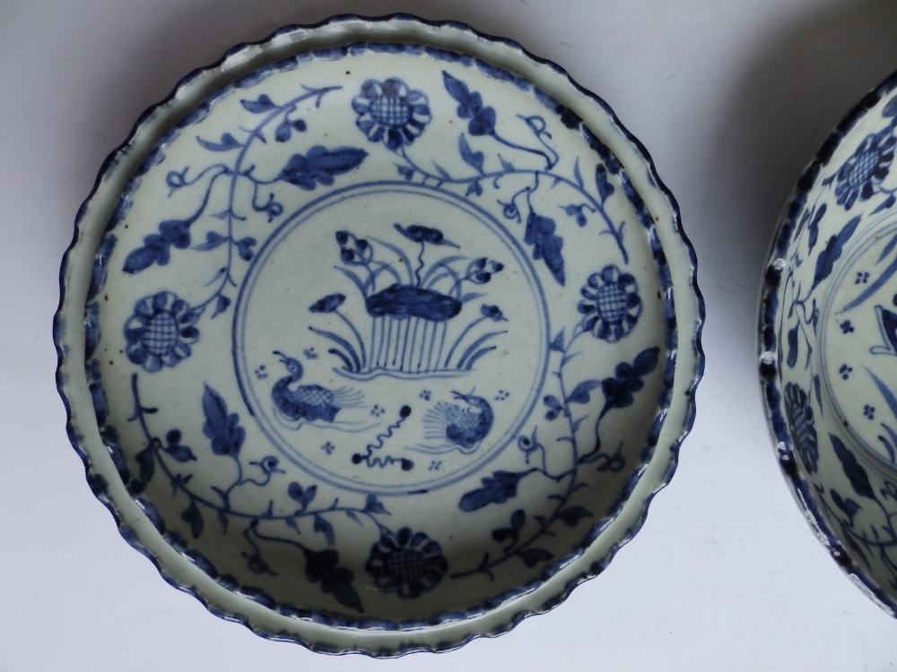 Two Chinese blue & white porcelain dishes decorated with fish and birds in the antique style, - Image 3 of 8