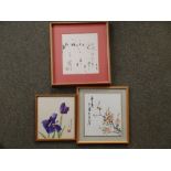 Two Oriental calligraphic watercolour studies of flowering stems and a coloured study of irises, the