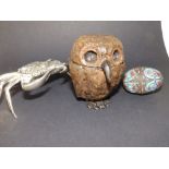 A bronze owl inkwell, 3.5" high, a Russian style cloisonne egg box, 2" and an EPNS crab-shaped