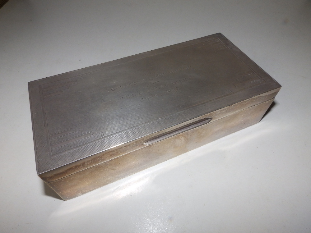 An art deco engine turned silver presentation cigarette box -'... From WRNS HMS Ganges, June 1942' -