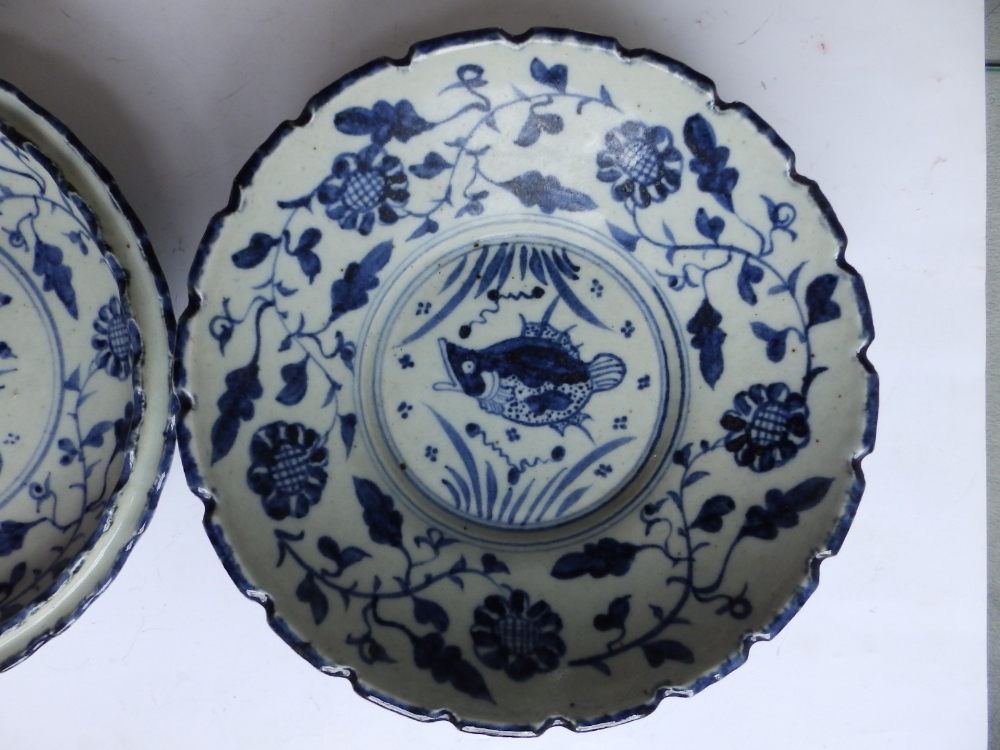 Two Chinese blue & white porcelain dishes decorated with fish and birds in the antique style, - Image 2 of 8