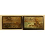 Emile Maillard (French 1846-1927) - a small pair of oils on panel - Coastal scenes, 3.9" x 6.1" -