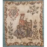An antique Irish embroidery, depicting a crowned female figure playing a harp, a crowned harp and